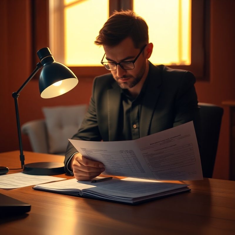 Persoană analizând documente fiscale la birou, sub lumina unei lămpi indigo